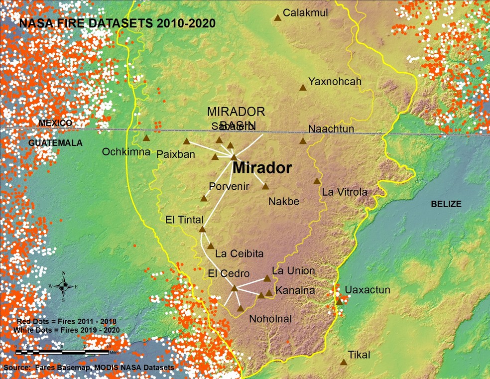 Um mapa mostra uma área das planícies maias do centro e do sul que revelou grandes e antigas cidades maias aninhadas na área conhecida como Bacia Cárstica Mirador-Calakmul (MCKB) do norte da Guatemala e do sul de Campeche, México, após um estudo usando LiDAR — Foto: FARES USA/Handout via REUTERS