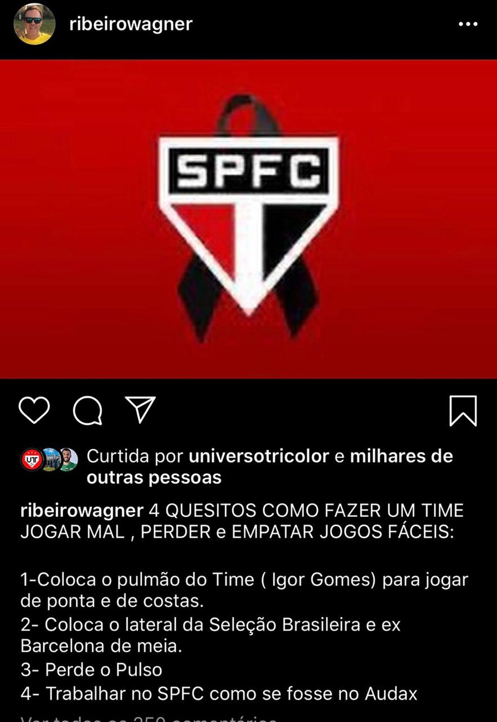 Wagner Ribeiro manda recado a Fernando Diniz nas redes sociais — Foto: Reprodução