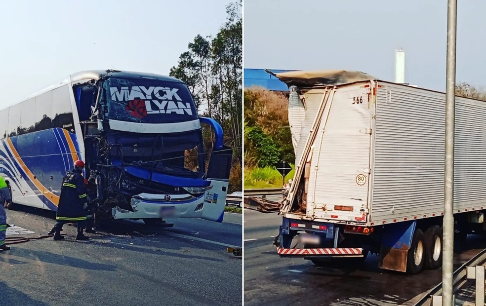 &Ocirc;nibus bateu na traseira de caminh&atilde;o em Jarinu &mdash; Foto: Plant&atilde;o Itatiba/Divulga&ccedil;&atilde;o