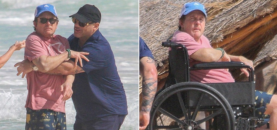 De cadeira de rodas, Michael J. Fox conta com ajuda para curtir praia