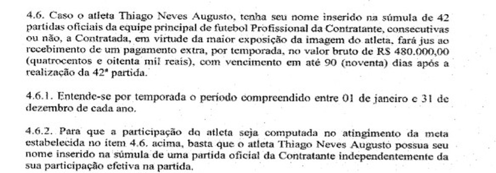 Cláusula do contrato de imagem que determina pagamento de bonificação a Thiago Neves — Foto: Reprodução