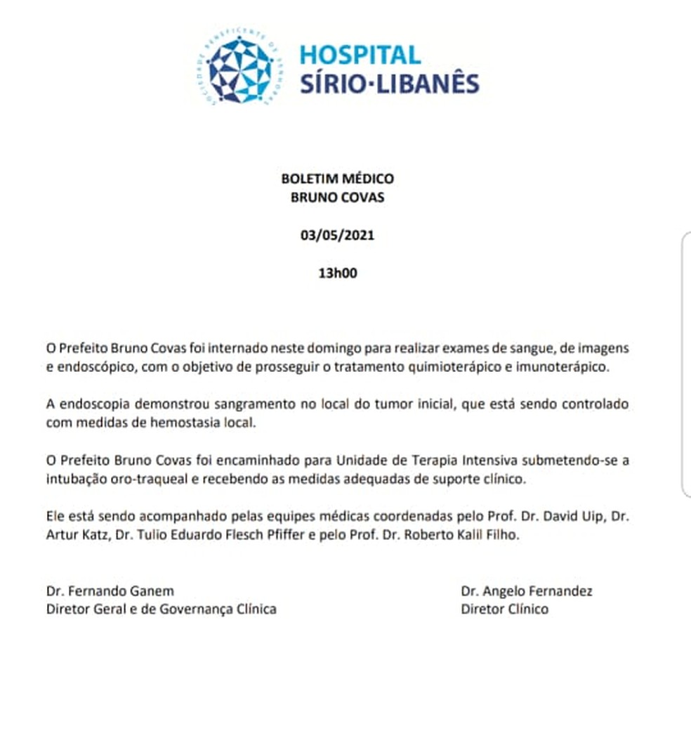 Boletim médico do prefeito Bruno Covas divulgado elo Hospital Sírio-Libanês  — Foto: Reprodução