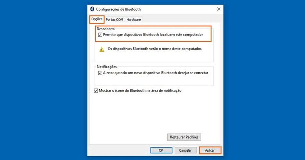Deixe o Bluetooth do seu PC visível para outros dispositivos — Foto: Reprodução/Barbara Mannara