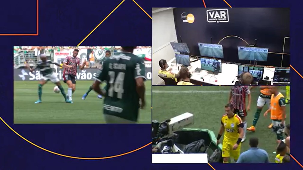 Revisão do VAR na final do Paulistão entre Palmeiras e São Paulo — Foto: Reprodução