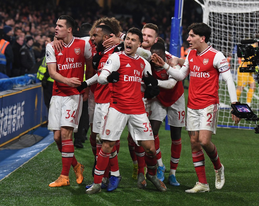 Martinelli celebra gol em cl&aacute;ssico contra o Chelsea: brasileiro balan&ccedil;ou as redes 10 vezes no Arsenal &mdash; Foto: Getty Images