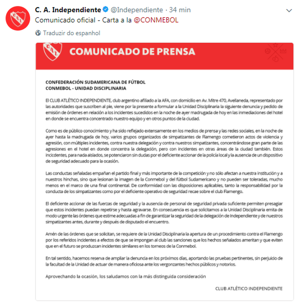 Carta do Independiente à Conmebol  (Foto: Reprodução/Twitter)