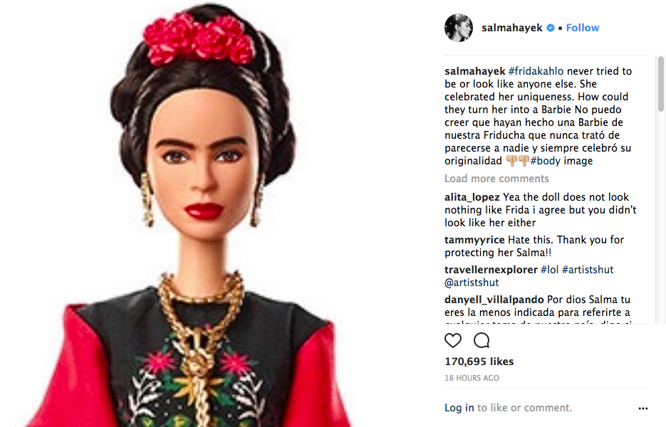 O post no qual Salma Hayek questiona a existência da boneca inspirada em Frida Kahlo (Foto: Instagram)