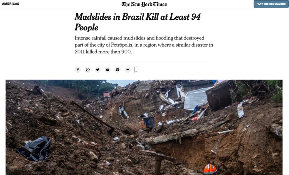 'Deslizamentos de lama no Brasil matam pelo menos 94 pessoas', diz a matéria do NYT — Foto: Reprodução/NYT
