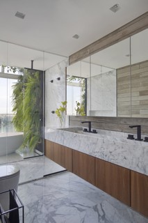 O desafio do arquiteto Nildo José era trazer a natureza para o espaço de 5,60 m². Na área destinada à banheira, um mesmo mármore cobre o piso e escala a parede do boxe