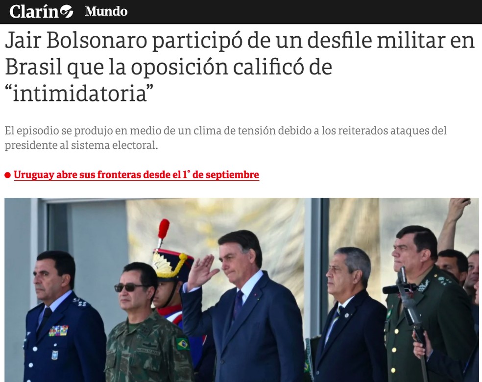 Clarín (Argentina) sobre ato militar na Praça dos Três Poderes — Foto: Reprodução