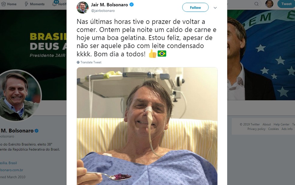 Jair Bolsonaro postou foto comendo uma gelatina â€” Foto: ReproduÃ§Ã£o/Twitter/Jair M. Bolsonaro