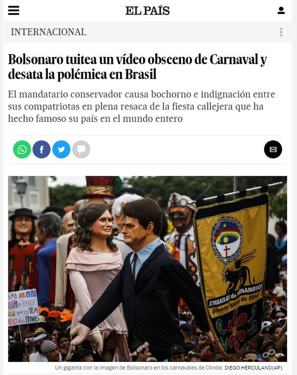 Jornal El País noticia comentários de Bolsonaro no Twitter — Foto: Reprodução/El País