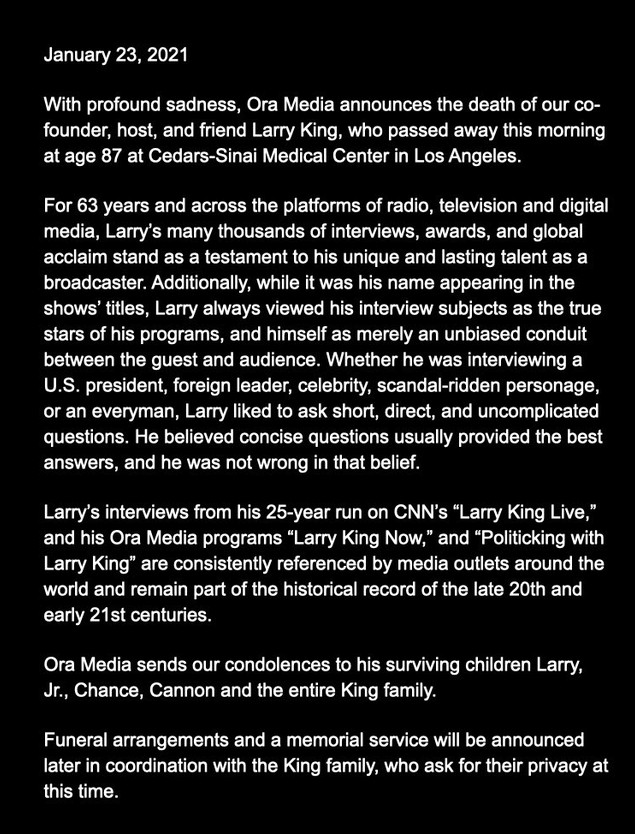 Larry King morreu aos 87 anos, após complicações da Covid-19 (Foto: Reprodução/Twitter)
