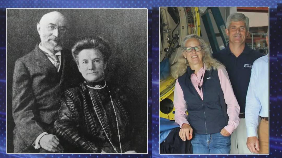 Isidor e Ida Straus à esquerda; Wendy e Stockton Rush à direita.