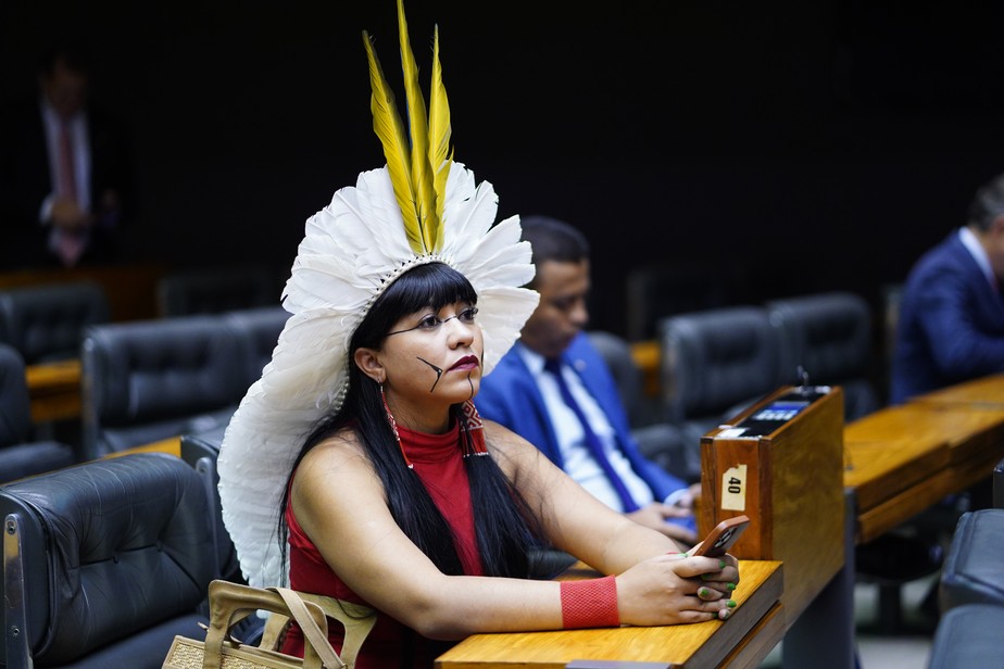 A deputada federal Célia Xakriabá (PSOL-MG) durante sessão na Câmara