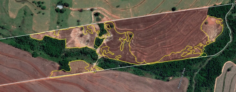 Imagens de monitoramento via satélite identificaram desmatamento de mais de 9 hectares em fazenda, em Pirapozinho (SP), para o plantio de soja — Foto: Polícia Militar Ambiental
