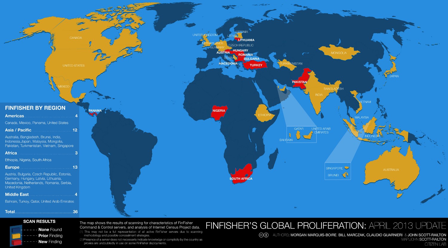 Mapa de 2013 com todos os países que usam ou usaram o FinFisher (Foto: Divulgação/Citizen Lab)