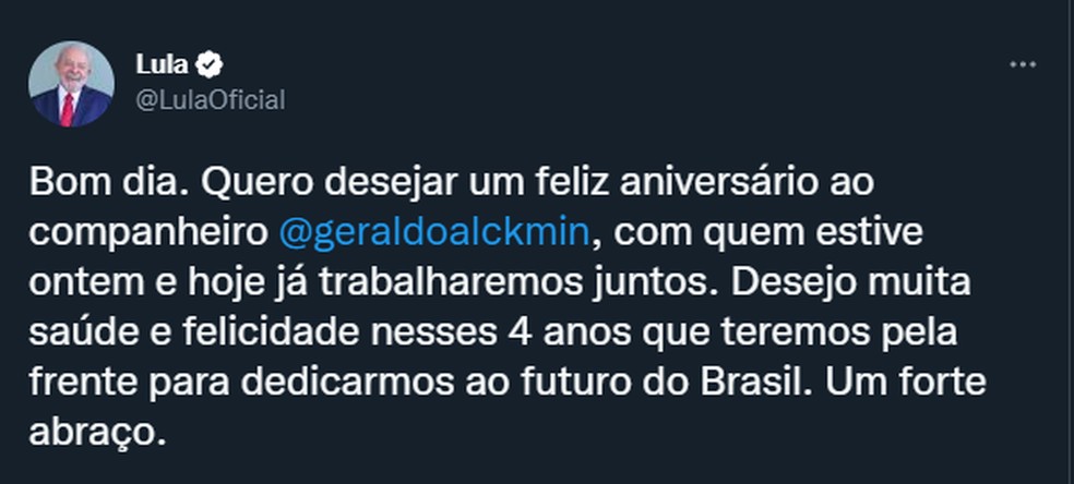 Lula parabeniza Alckmin pelo 70º aniversário — Foto: Reprodução/Twitter