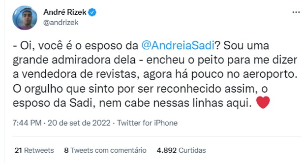 André Rizek fala sobre ser conhecido como marido de Andréia Sadi (Foto: Reprodução/Twitter)