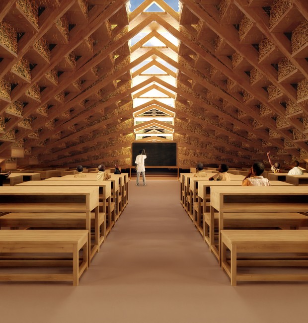Na salas de aula, a madeira dá suporte a toda a estrutura (Foto: NUDES/ Reprodução)