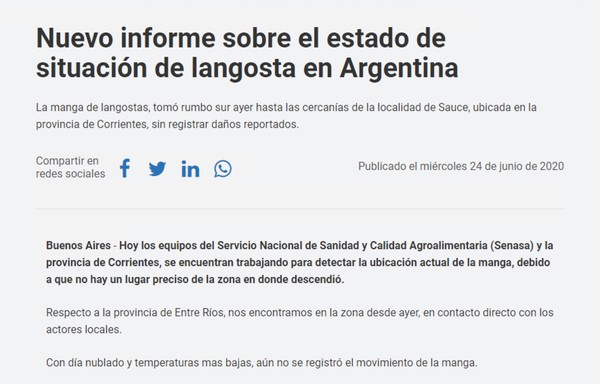 Governo argentino lançou boletim sobre a situação na quarta-feira — Foto: Reprodução 