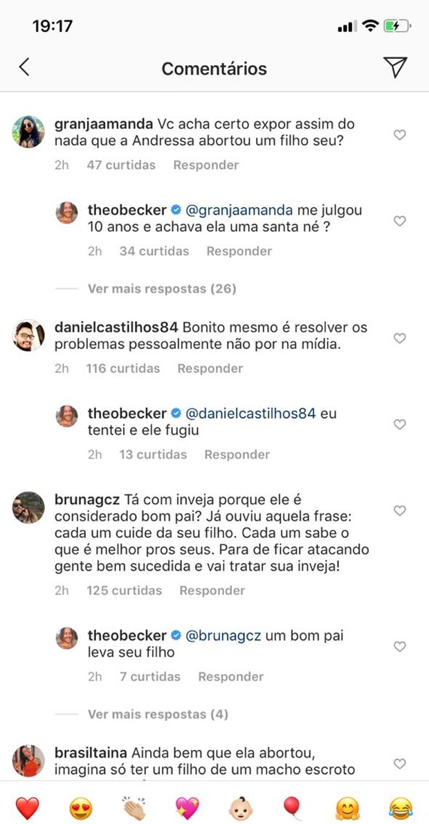 Theo Becker responde comentários nas redes sociais (Foto: Reprodução/Instagram)
