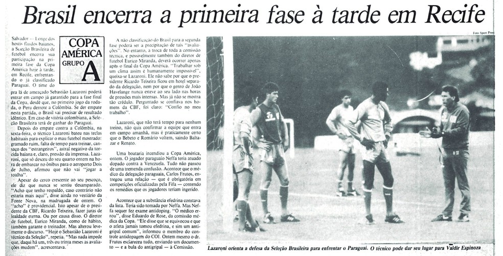 Lazaroni "balançou" ainda na primeira fase da Copa América 1989 — Foto: Reprodução/Cedoc/A Gazeta