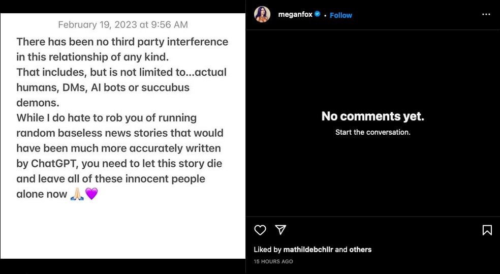O post de Megan Fox refutando os boatos em torno do t&eacute;rmino de seu noivado com o m&uacute;sico Machine Gun Kelly &mdash; Foto: Instagram