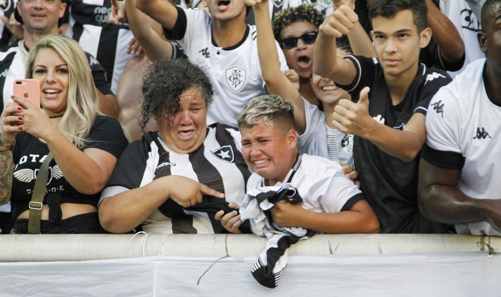 Torcedor do Botafogo chora na arquibancada do Nilton Santos após acesso — Foto: André Durão