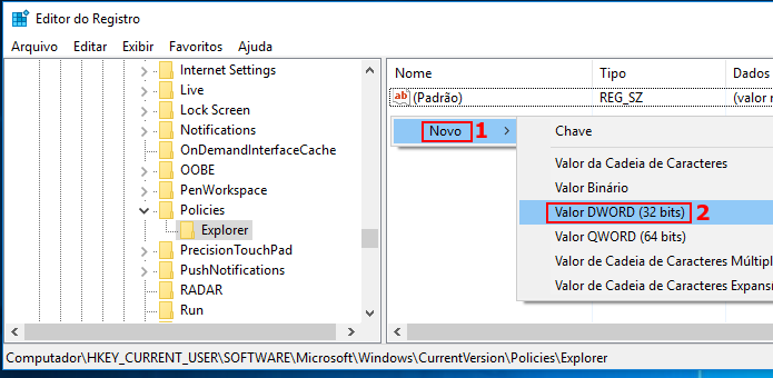 Criando um novo valor no registro do Windows dentro de Explorer (Foto: Reprodução/Edivaldo Brito)