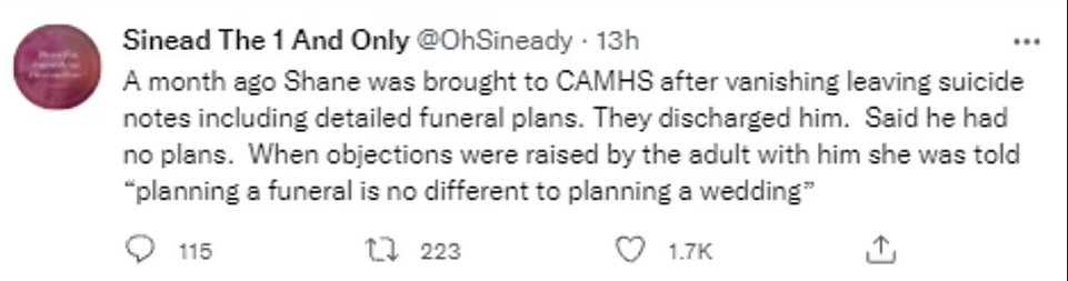 O post de Sinead OConnor revelando os planos feitos pelo filho para o próprio funeral  (Foto: Twitter)