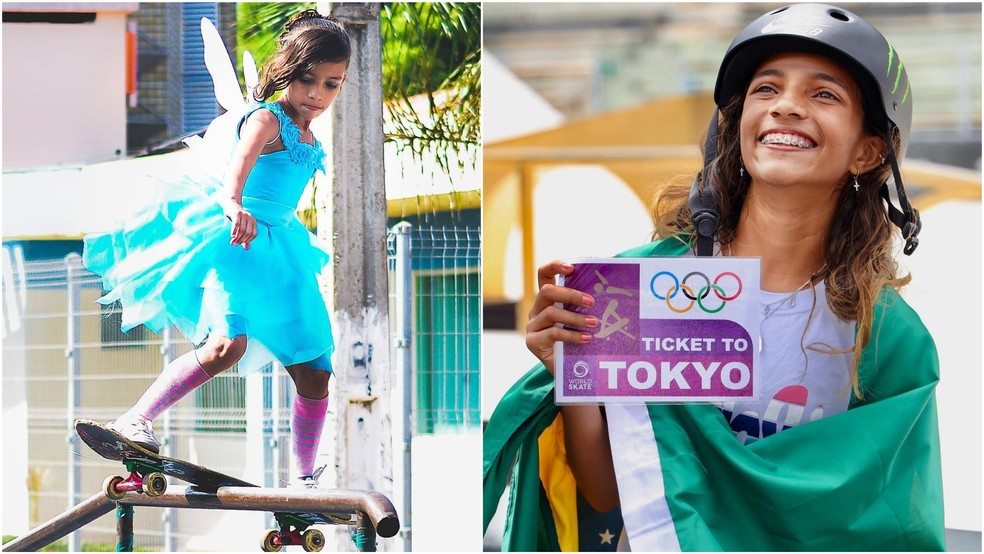 Montagem mostra Rayssa Leal há seis anos, vestida de fada em vídeo que viralizou, e em 2021, ao chegar em Tóquio para as Olimpíadas  — Foto: Arquivo Pessoal