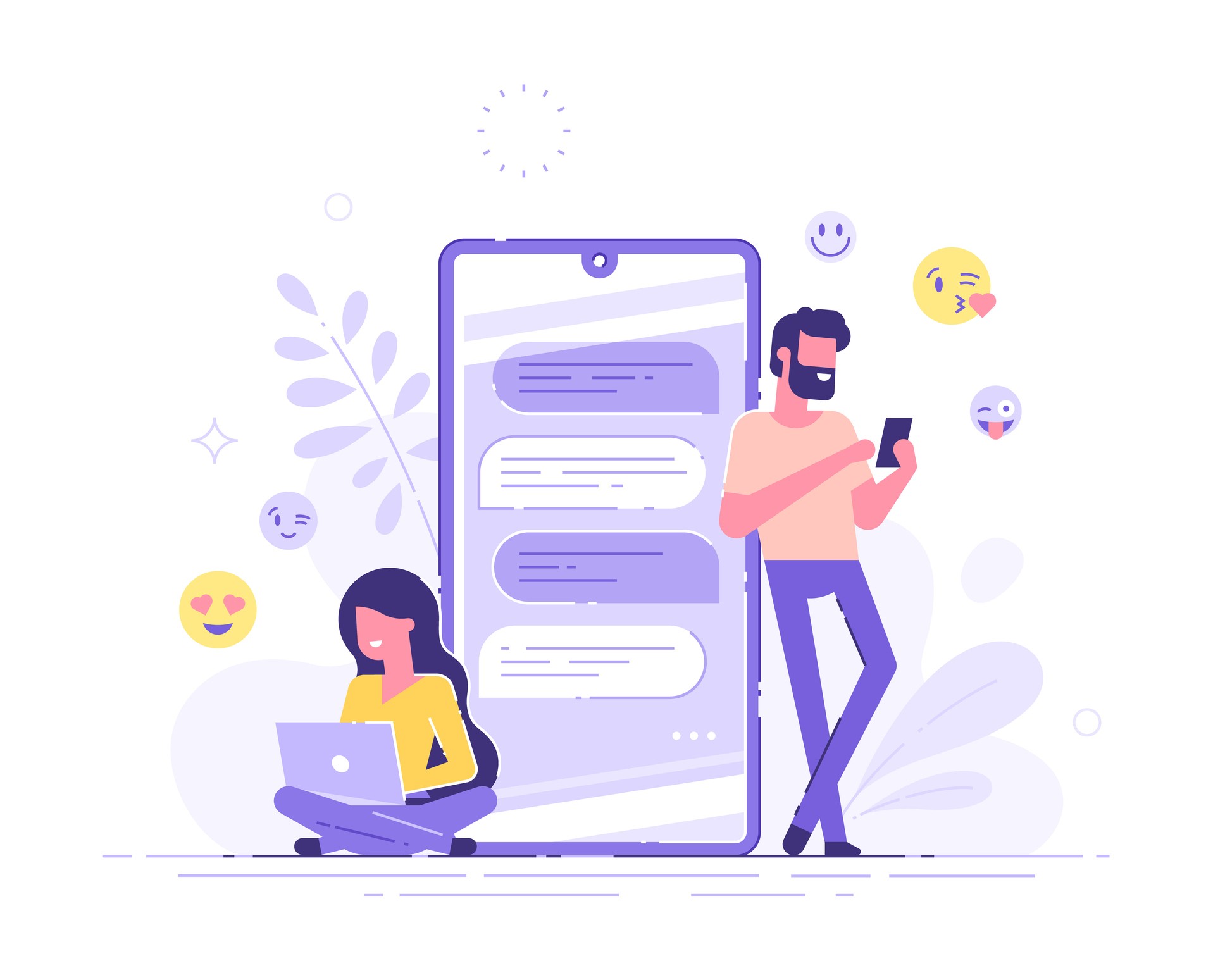 Pretty woman is sitting at her laptop and chatting with handsome man with huge phone and emoji on the background. Dating app and virtual relationship. Chat bubble. Modern vector illustration. (Foto: Getty Images/iStockphoto)