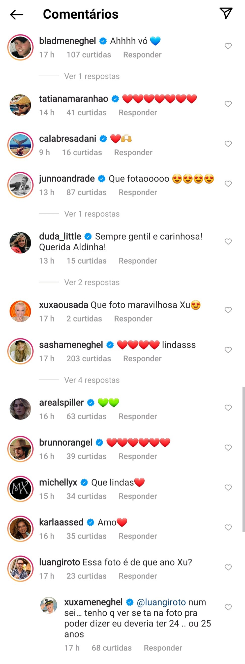 Familiares e amigos comentam foto de Xuxa com Alda  (Foto: Reprodução / Instagram )