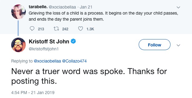 O último tuíte do ator Kristoff St. John, fazendo referência à perda do filho em 2014 (Foto: Twitter)