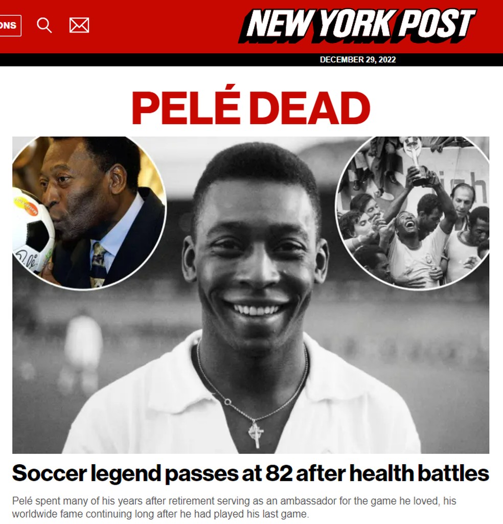 Capa do New York Post para morte de Pelé — Foto: Reprodução