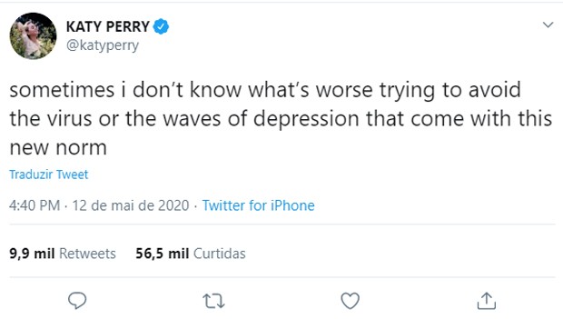 Katy Perry fala de momentos de depressão em meio à pandemia (Foto: Reprodução/Twitter)