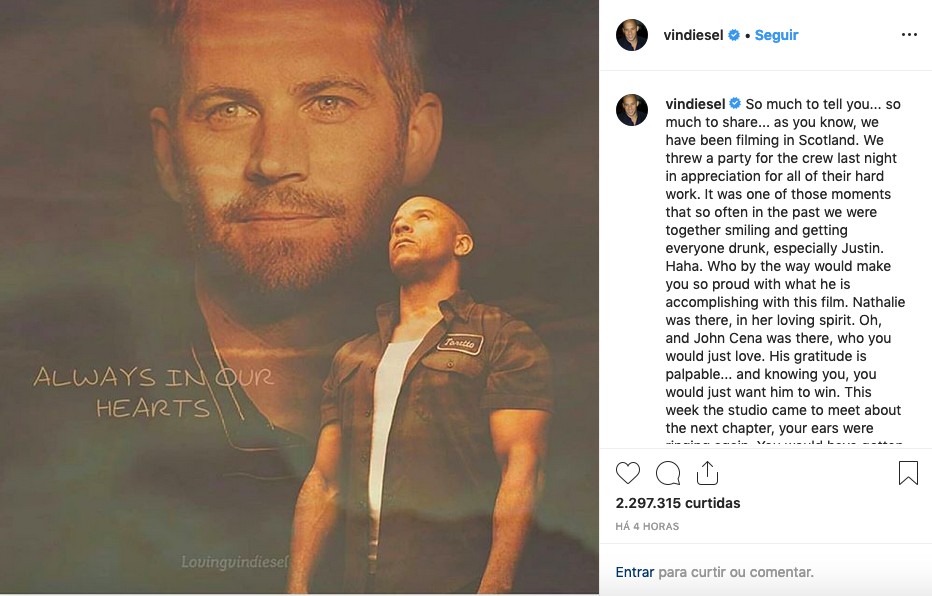 O post do ator Vin Diesel celebrando a data na qual Paul Walker (1973-2013) celebraria seus 46 anos (Foto: Instagram)