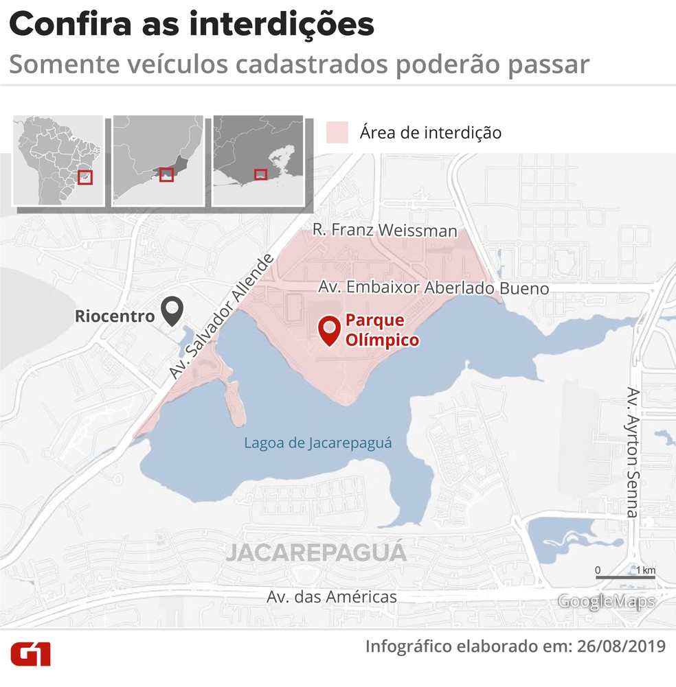 Mapa mostra a área interditada para o Rock in Rio — Foto: Infografia: Juliane Monteiro/G1