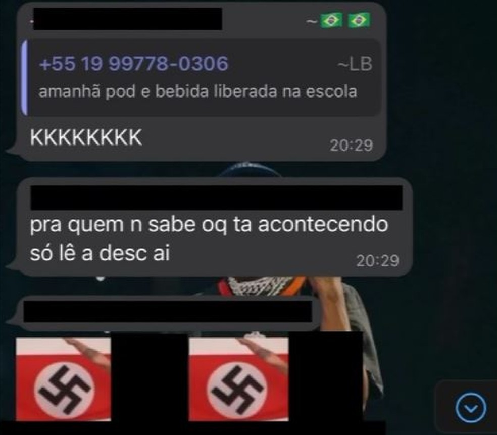 Símbolos nazistas foram compartilhados em grupo de WhatsApp em que jovem negro foi adicionado — Foto: Reprodução/EPTV
