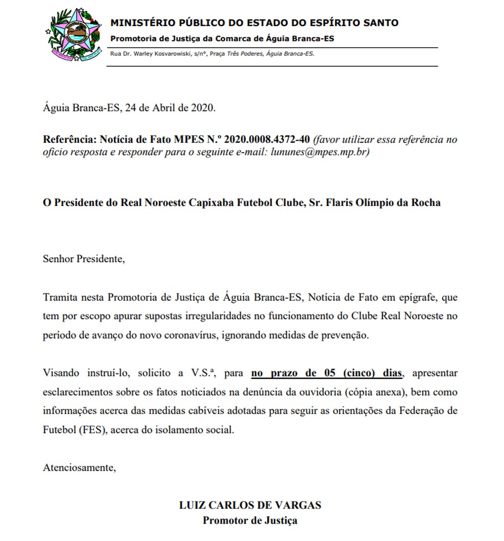 Real Noroeste é alvo de investigação do Ministério Público do ES — Foto: Reprodução/MPES