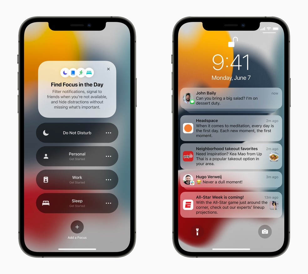 iOS 15: será possível silenciar notificações em determinados períodos do dia. — Foto: Divulgação/Apple