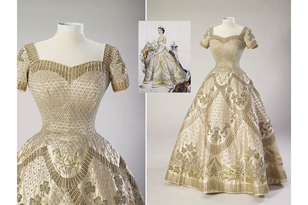 The Coronation gown, designed by Norman Hartnell, and his sketch for the ensemble (Foto: Royal Collection Trust-Her Majesty Queen Elizabeth II 2016)