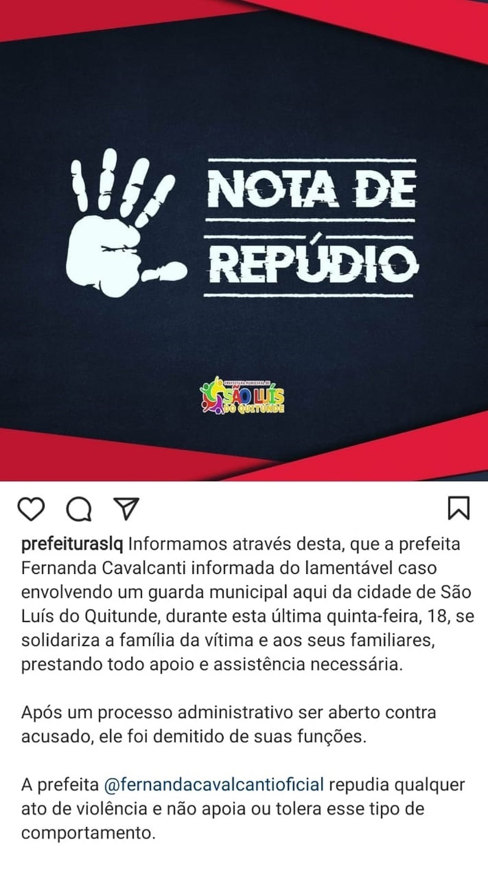 Prefeitura de São Luis do Quitunde posta nota de repúdio sobre idoso que foi agredido a marteladas — Foto: Reprodução