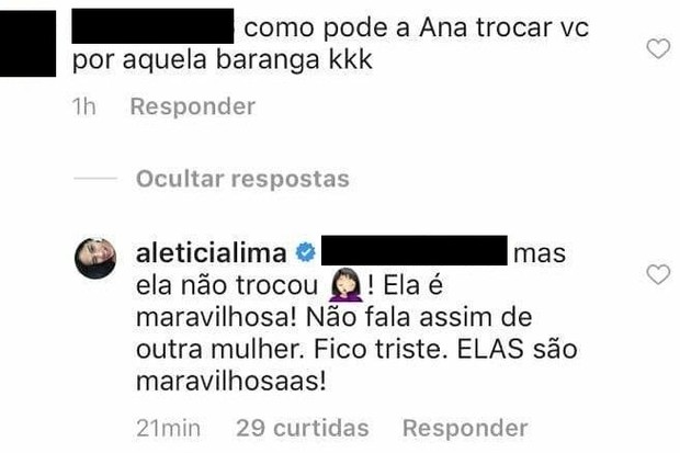 Letícia Lima defende a ex Ana Carolina e a atual dela, Chiara Civello (Foto: Reprodução/Instagram)