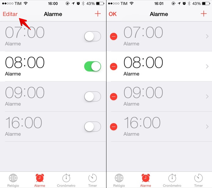 Editando alarmes do iPhone (Foto: Reprodu??o/Helito Bijora) 