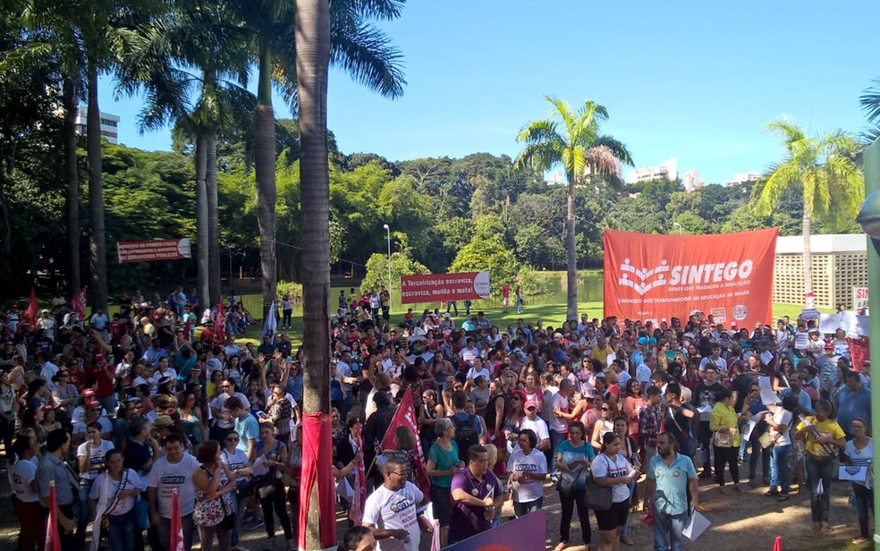 Grupo protesta em frente à Assembleia Legislativa de Goiás, em Goiânia (Foto: Reprodução/TV Anhanguera)