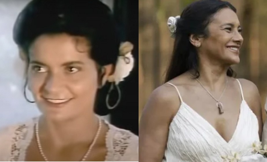 Jussara Freire e Dira Paes nas cenas do casamento de Filó em 1990 e atualmente