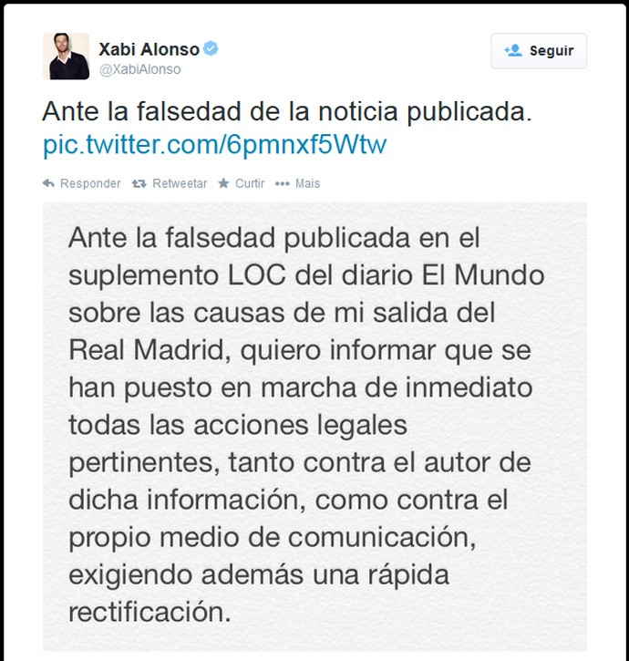 Xabi Alonso Twitter (Foto: Twitter)