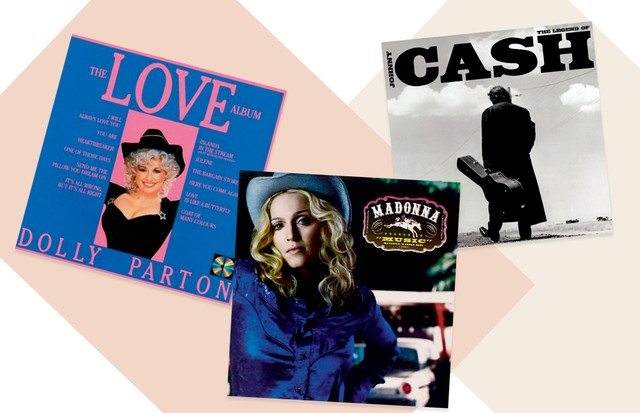 TRILHA SONORA Do álbum Music (2000) de Madonna, que tem influência country pop, aos ícones do gênero Johnny Cash e Dolly Parton, eleja a trilha country para entrar no clima! (Foto: David Sims, Letty Schmiterlow, Archive Photos/Getty Images, Imaxtree, Divulgação e Reprodução)
